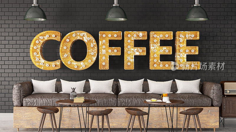 黑砖墙上的灯泡咖啡店招牌