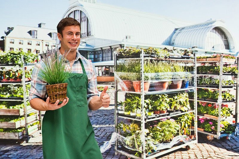 白人男性植物学家园艺穿着围裙和持有植物