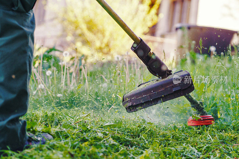 近线修剪头、除草机、汽油或电动刷子在院子里工作，在花园里割草，在白天低角度视图