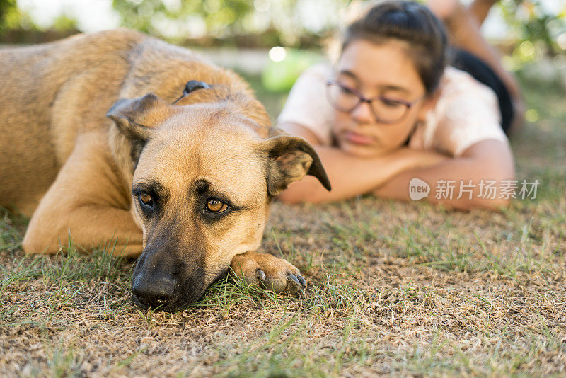 一个女孩和一个男孩在后院拥抱他们的宠物