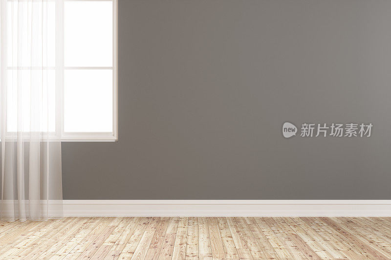 空白灰墙与窗户，窗帘和地板，模拟。