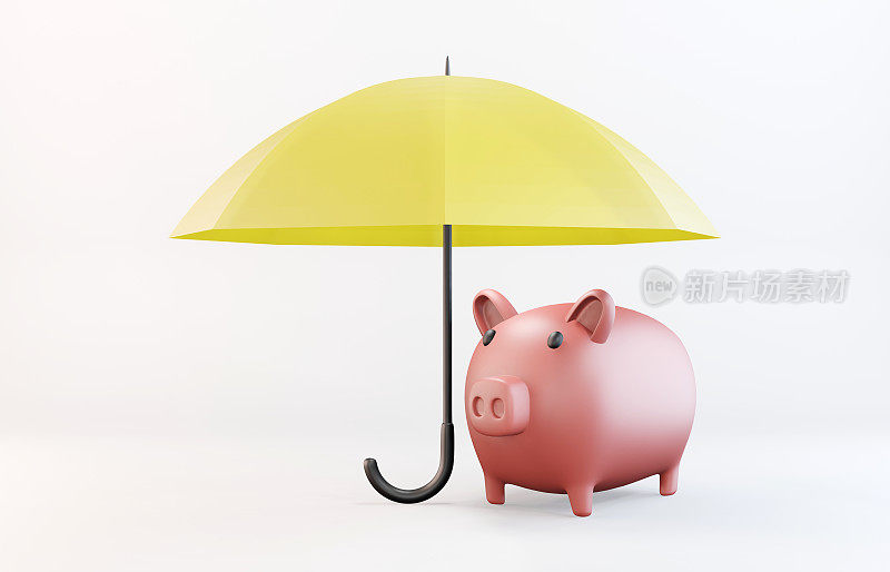 投资和保险概念。粉红色的储蓄罐站在黄色的伞下。