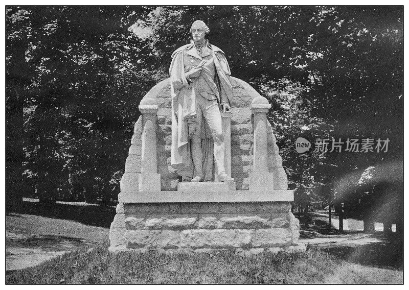 美国的古董黑白照片:华盛顿雕像，德鲁伊山公园，巴尔的摩