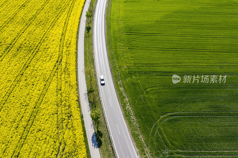 春田之间的道路，鸟瞰图