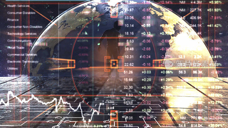 站着的商人看着地球和各种各样的商业图形。物联网。信息通信技术。数字转换。抽象空间混合媒介。