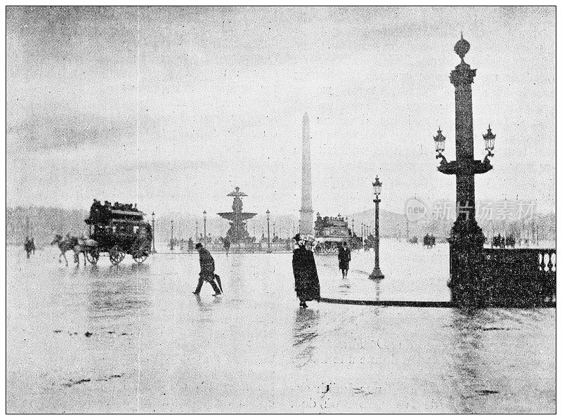 古董黑白照片:协和广场，巴黎，法国