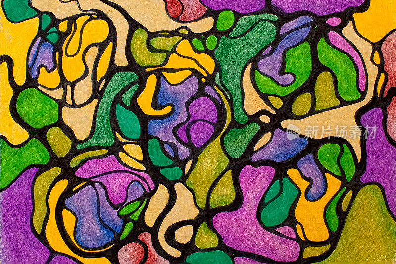 神经学是一种彩色的绘画，用铅笔和黑色马克笔，线条流畅的连接，颜色和谐的过渡，横幅，背景