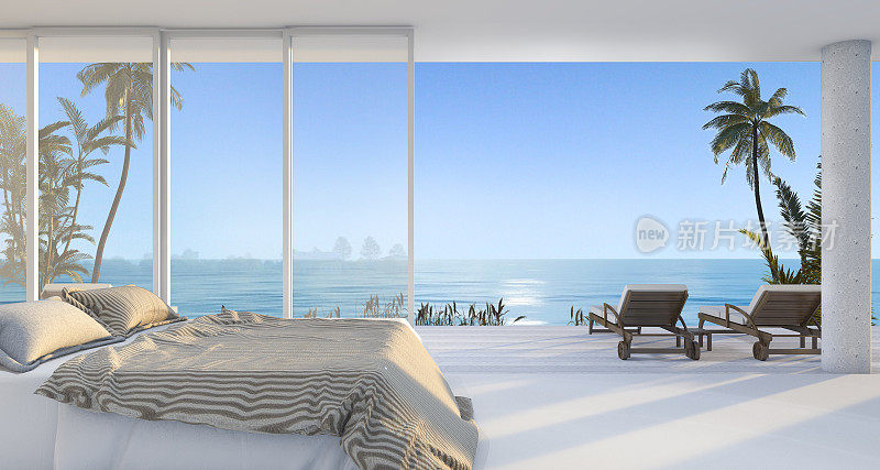 3d渲染豪华别墅卧室附近的海滩与早晨的场景