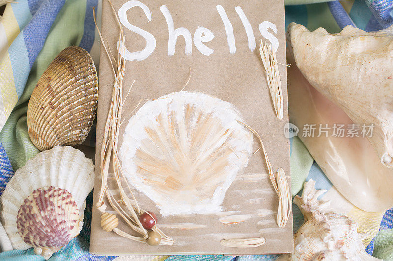 暑假。沙滩毯上装满了贝壳的纸袋。