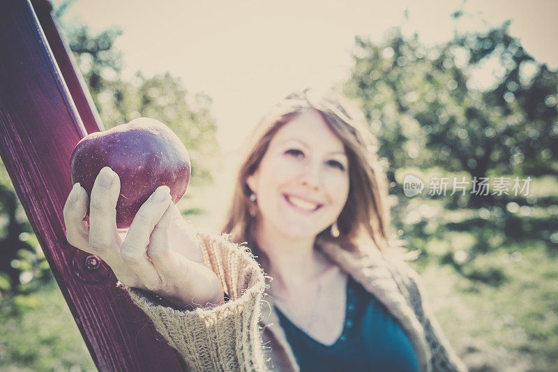微笑着摘苹果的快乐女人