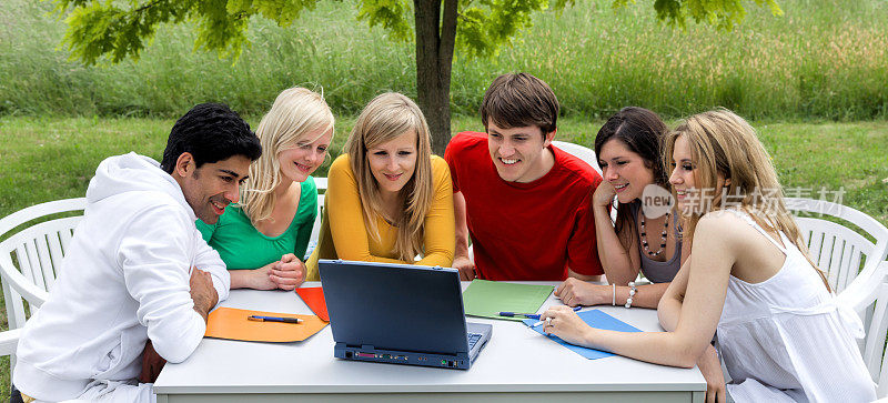 一群学生在户外的花园里玩笔记本电脑
