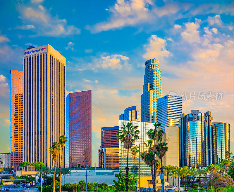 洛杉矶摩天大楼的天际线，建筑，城市景观，加州
