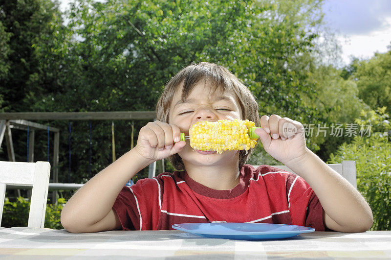 小男孩在花园里吃玉米