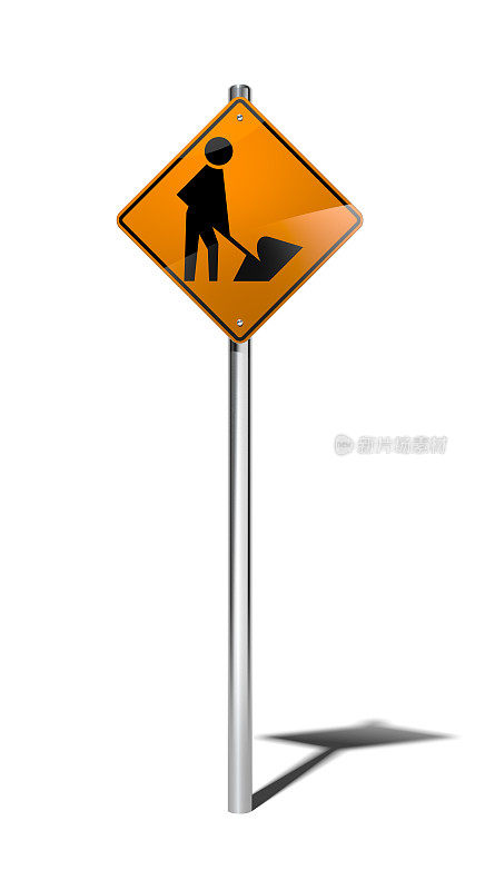 工人在道路前方临时标志(美国)与夹道