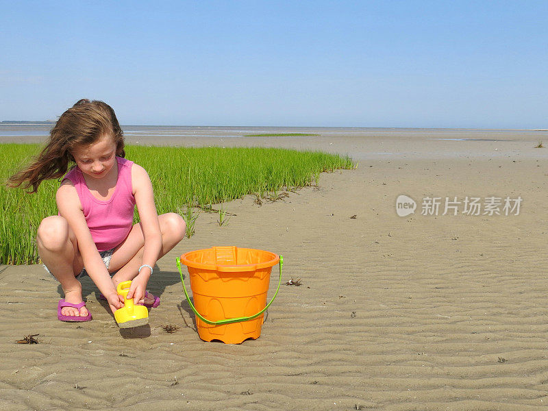 假日女孩收集贝壳，桶，SC海滩，海草