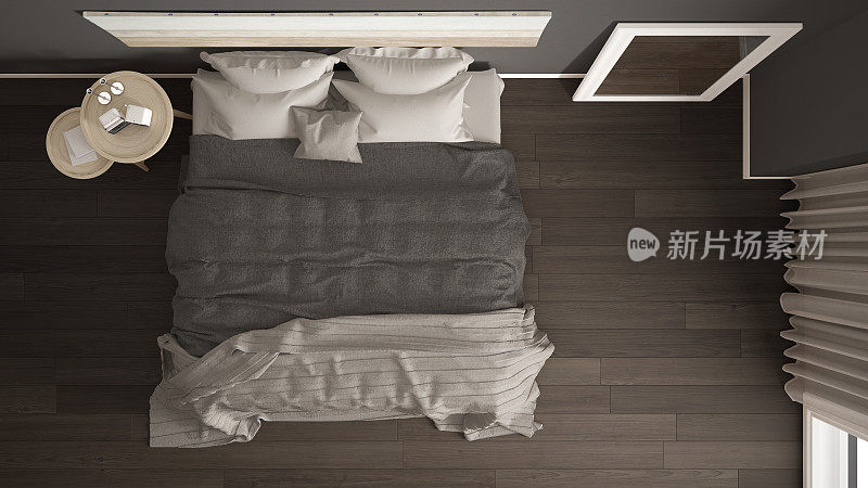 经典的卧室，斯堪的纳维亚现代风格，简约的室内设计，背景，俯视图