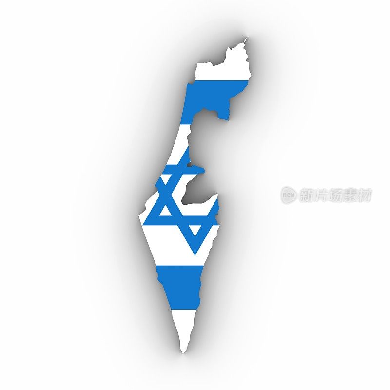 以色列地图轮廓与以色列国旗在白色与阴影3D插图