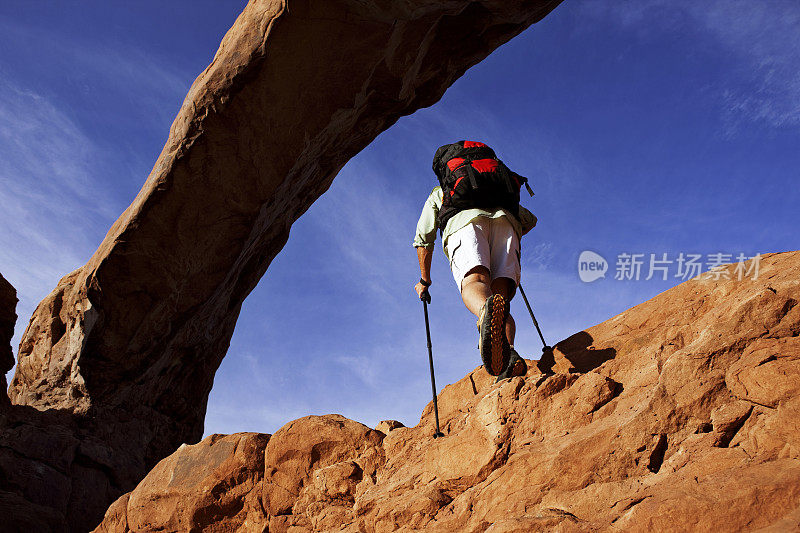 在犹他州的摩押，徒步者正在攀登拱门下的巨石
