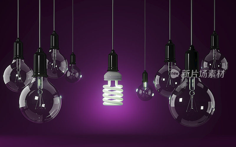 在紫色背景下从人群中脱颖而出的节能灯泡:能源效率和从人群中脱颖而出的概念