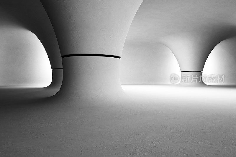 抽象的现代展厅室内设计，空灰色地板和光滑的混凝土墙背景，未来的建筑或外来的房子