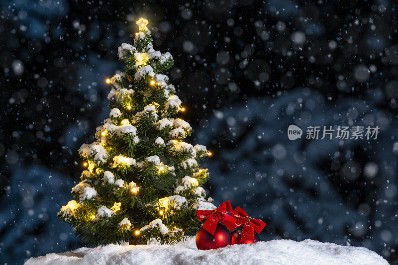 下雪的夜晚，外面挂满彩灯和装饰物的小圣诞树