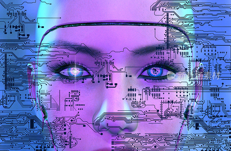 女性机器人的脸部带有电子电路