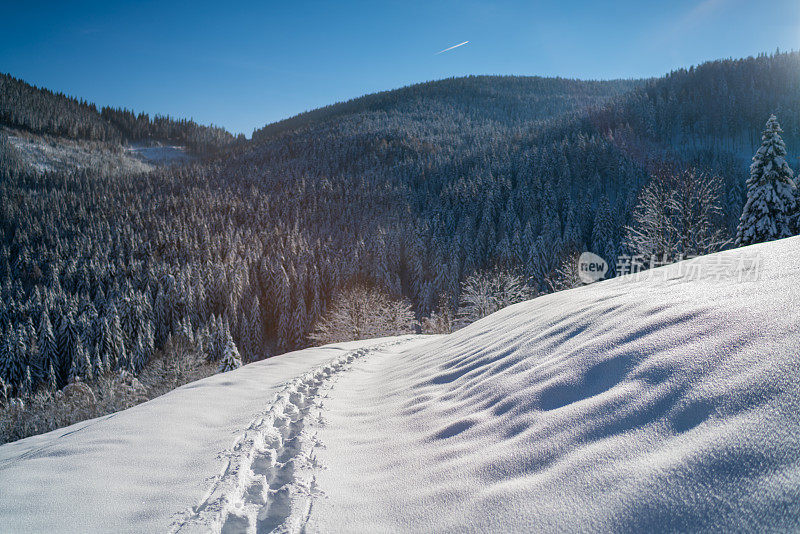 美丽宁静的白雪覆盖着丘陵景观，雪地上留下了脚印