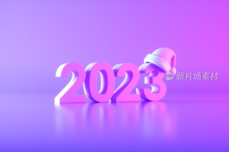 2023年新年，带圣诞帽，霓虹灯