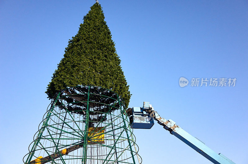 用起重机为即将到来的寒假和新年安装圣诞树