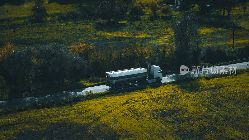 航拍的一辆油罐车在葡萄牙的道路上