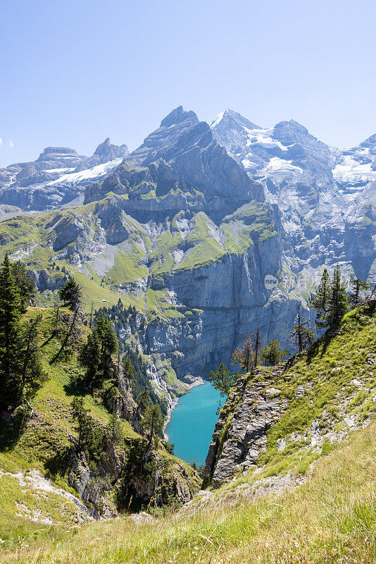 瑞士中部的一个壮观的高山湖泊，松树，冰川和蓝色的湖泊