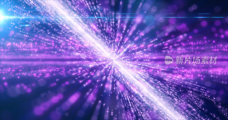 抽象的紫色能量高科技线和数字粒子飞行在隧道与散景效果发光的背景