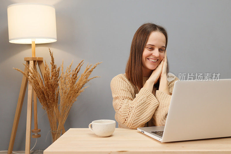 笔记本电脑用于远程工作。迷人的漂亮棕色头发的女人穿着米色毛衣，在电脑前看着屏幕，带着愉快的微笑，坐在桌子上，对着灯和干花
