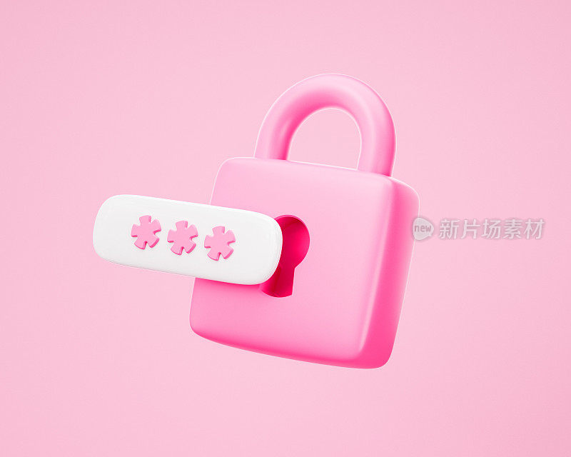 3D粉红色锁定挂锁图标锁定密码。3d渲染图