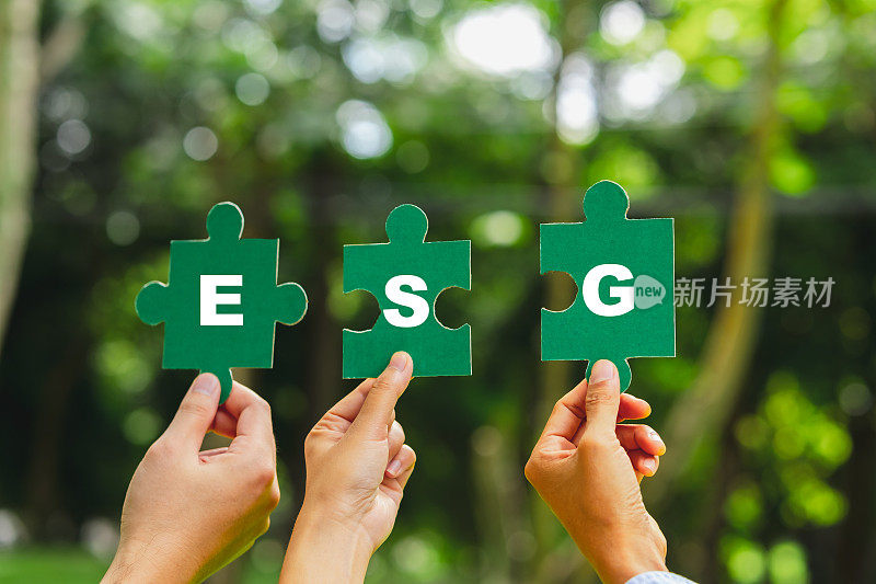 ESG概念，人类之手拼图可持续发展目标(SDGs)理念基于商业的全球沟通网络