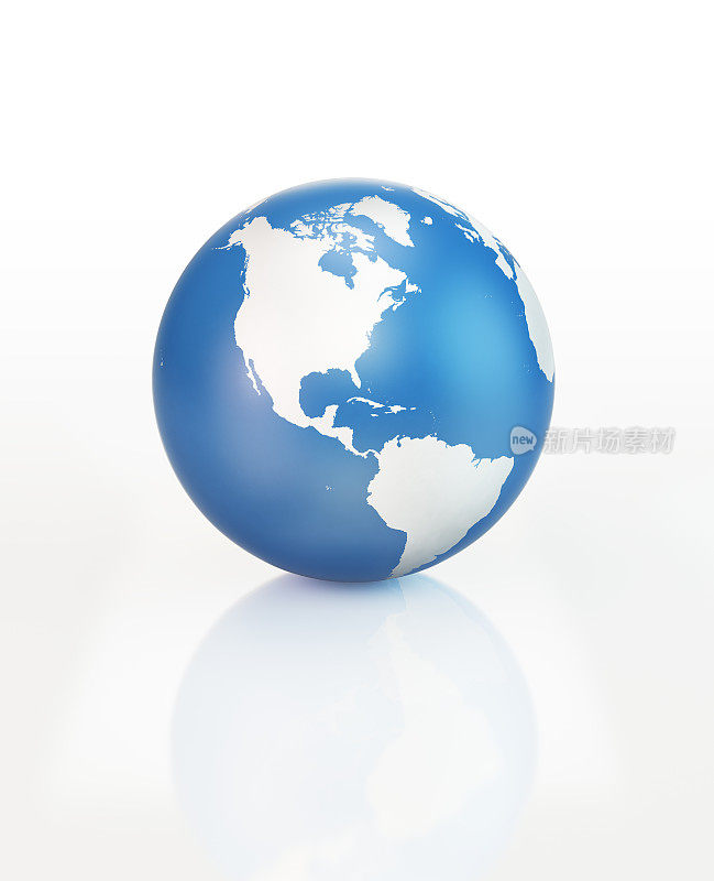 蓝色3D世界对象与世界地图在白色表面
