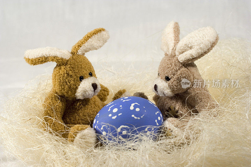 两只带着蓝蛋的复活节兔子