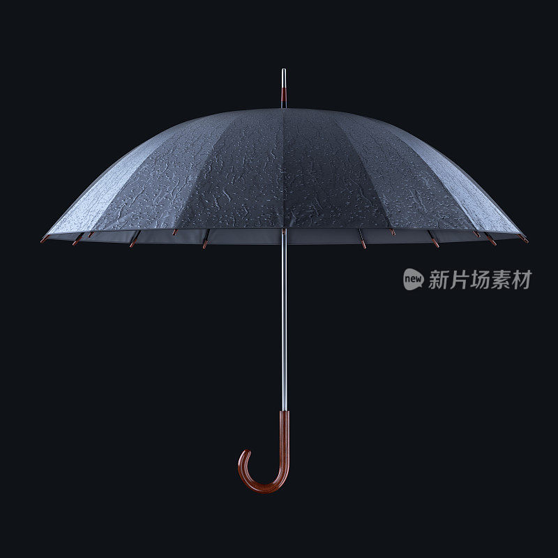 雨伞与雨点孤立在黑暗的工作室背景。