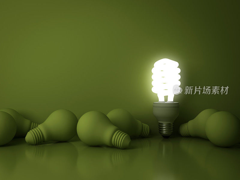 节能灯泡，一个荧光灯泡从死气沉沉的白炽灯泡中脱颖而出，在绿色的背景下，个性和不同的创意概念