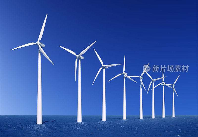 在海洋中有一排8个风力涡轮机