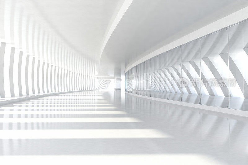 抽象建筑空旷的走廊，白色的柱子和阳光