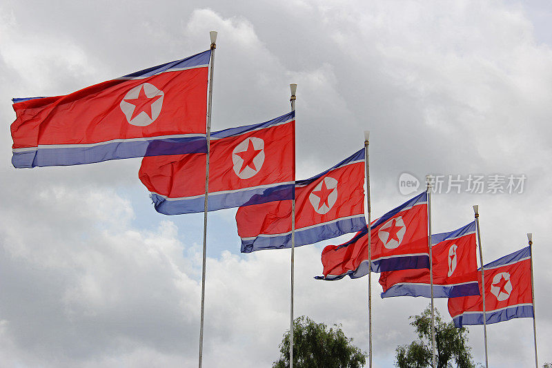 朝鲜:平壤国旗排成一行