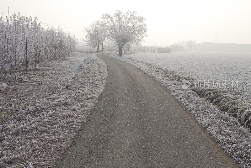 道路穿过意大利皮埃蒙特的冰天雪地。