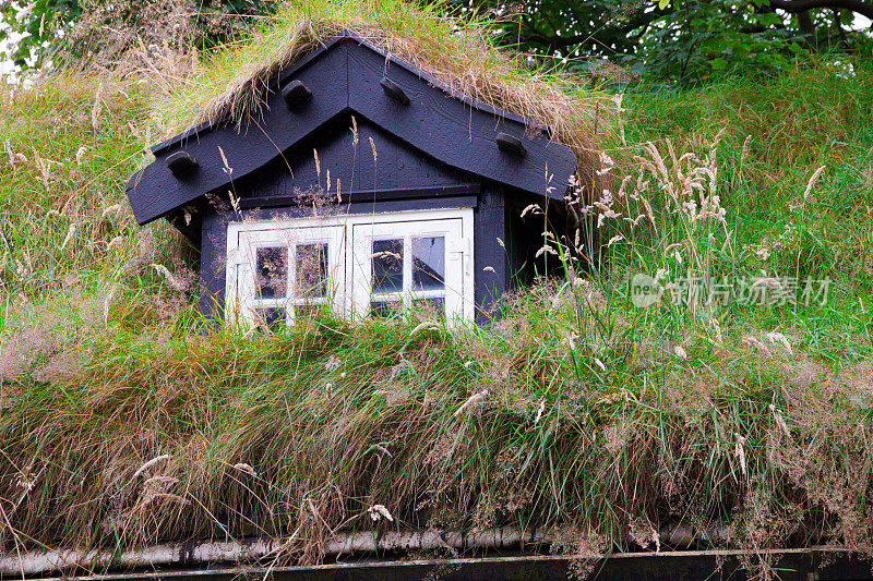 传统黑屋的特写Tórshavn法罗群岛