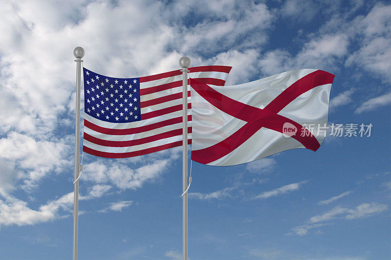 美国和阿拉巴马州的国旗在天空中飘扬