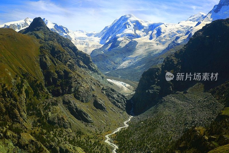 童话般的风景-日出时的蒙特罗莎和戈尔纳冰川:田园诗般的高山山谷和梦幻般的戏剧性的瑞士雪山，田园诗般的乡村，瓦莱州，瑞士阿尔卑斯山，瑞士