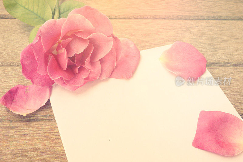 浪漫的玫瑰花和白纸在复古色调