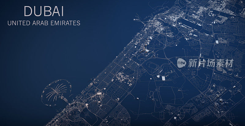 阿拉伯联合酋长国迪拜地图，卫星视图，城市