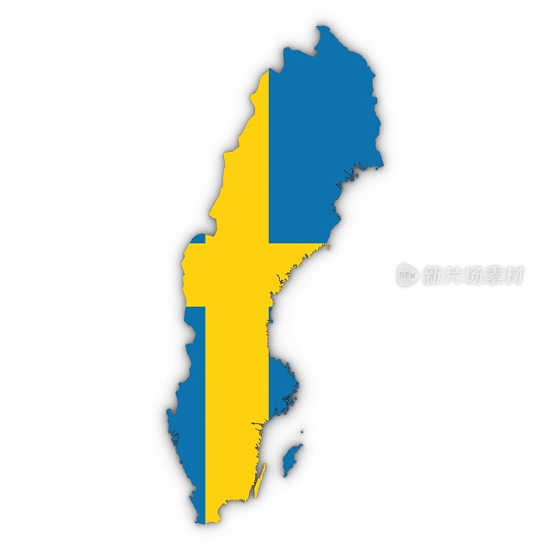 瑞典地图轮廓与瑞典国旗在白色与阴影3D插图