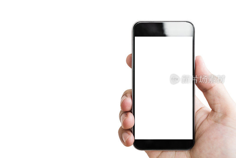 手持手机智能手机，空白白屏幕隔离在白色背景